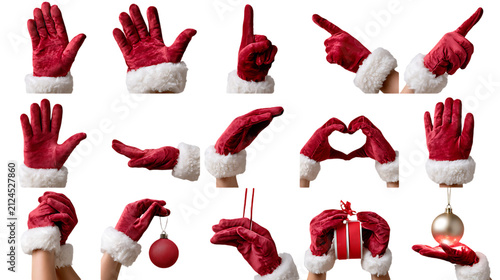 Santa Claus hands in red gloves making various gestures set isolated on transparent background