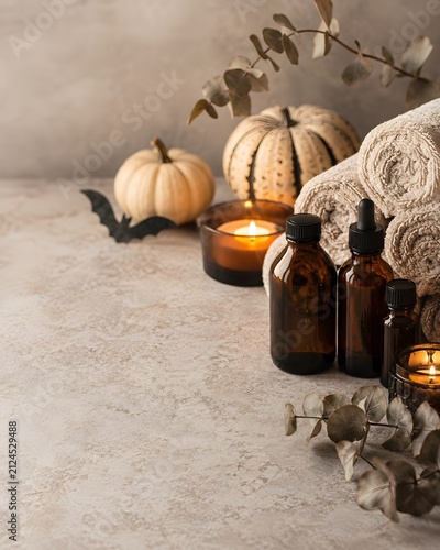 Relaxing spa wellness composition with pumpkins and candles for a cozy autumn halloween themed self care day