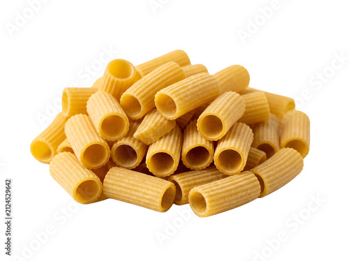 Heap of raw rigatoni pasta noodles as clean cutout