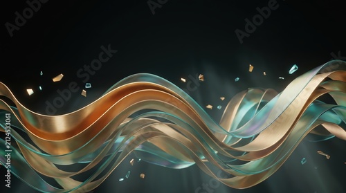 Flowing metallic ribbons and golden fragments with teal highlights in surreal abstract motion