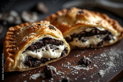 cookies and cream empanada on a dark wooden cutting board