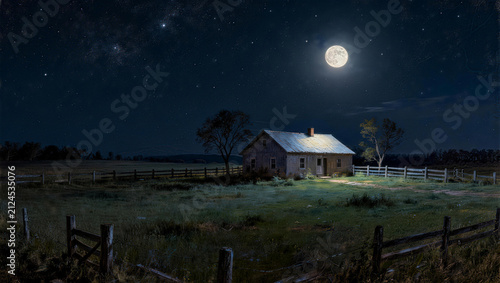 Moonlit countryside farmhouse with warm lights, evening rural landscape under starry sky, oil painting style