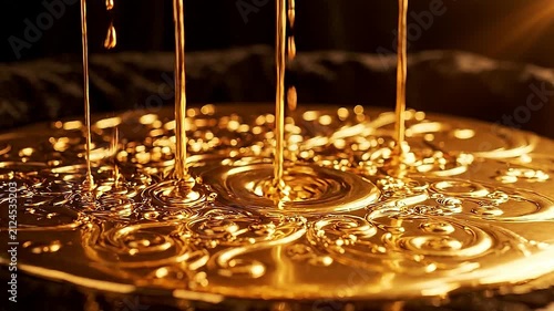Molten gold liquid flowing smoothly onto a dark reflective surface in this dynamic animation video clip