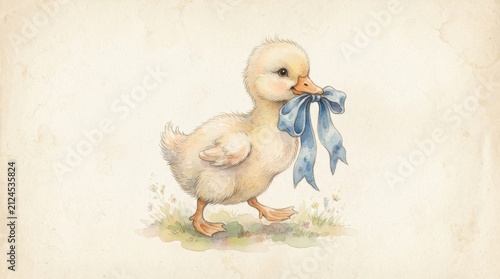 Adorable Duckling Carrying Blue Ribbon in Beak, Watercolor Illustration