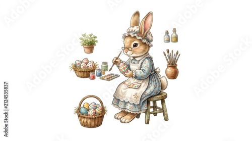 Adorable Easter Bunny Painting Eggs in Cozy Studio, Watercolor Style