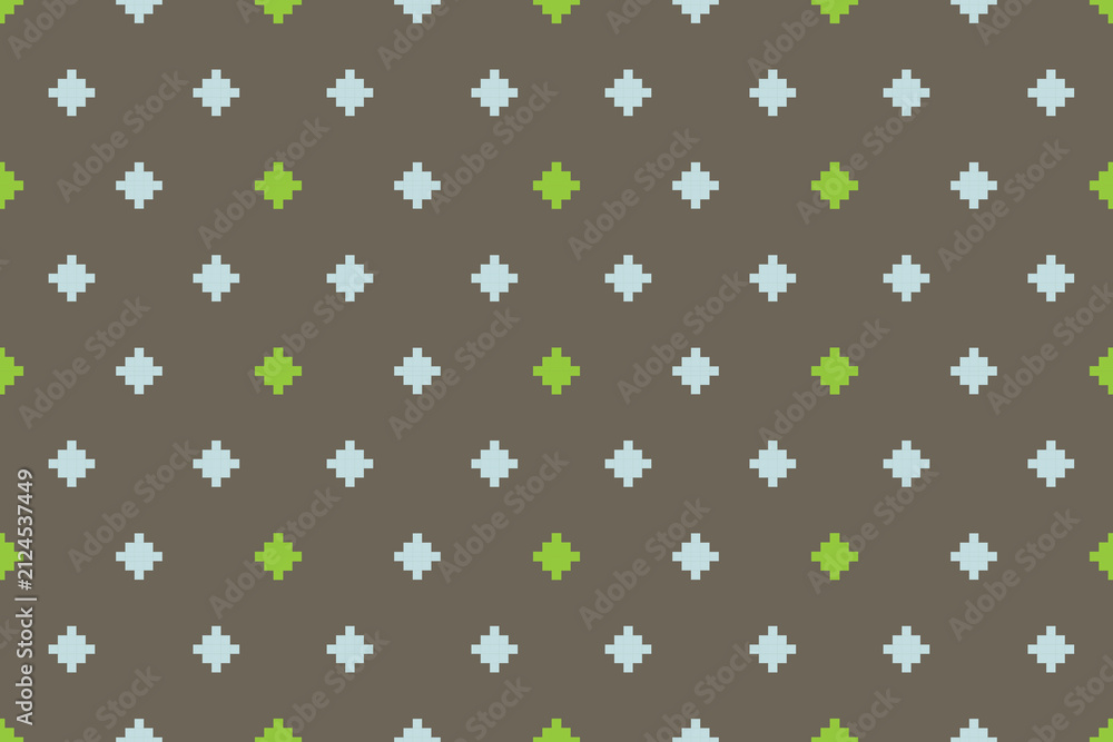 Minimal pixel-style seamless geometric pattern with colorful cross motifs on a neutral background. Modern repeating design suitable for digital wallpaper, fabric, packaging, gaming themes, and surface