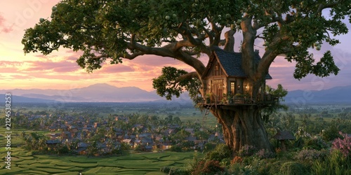 Fantasy treehouse nestled within a large tree during sunset with a sprawling landscape view