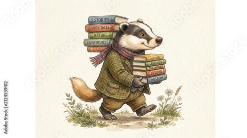 Anthropomorphic Badger Scholar Carrying Stack of Old Books, Wearing Tweed Jacket and Scarf