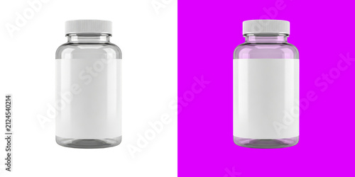 Clear plastic medicine bottle with blank white label for supplement packaging mockup in studio light
