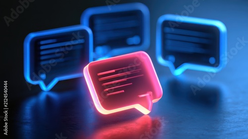 Neon speech bubbles glowing in blue and pink symbolize digital communication and online messaging in a futuristic, tech-inspired style.