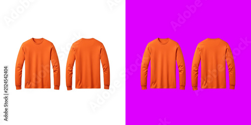 Orange long sleeve v neck shirt front and back view template for fashion design and clothing apparel mockup