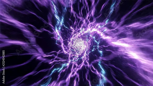 Purple energy portal vortex spinning rapidly with bright electric lightning flashes in this abstract motion video
