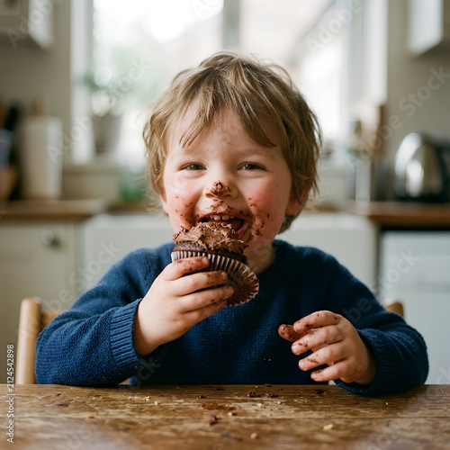 Young Child Enjoying Chocolate Cupcake at Kitchen Table.