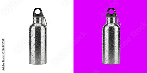 Shiny silver metal water bottle with a black cap and water drops for hydration and healthy lifestyle fitness
