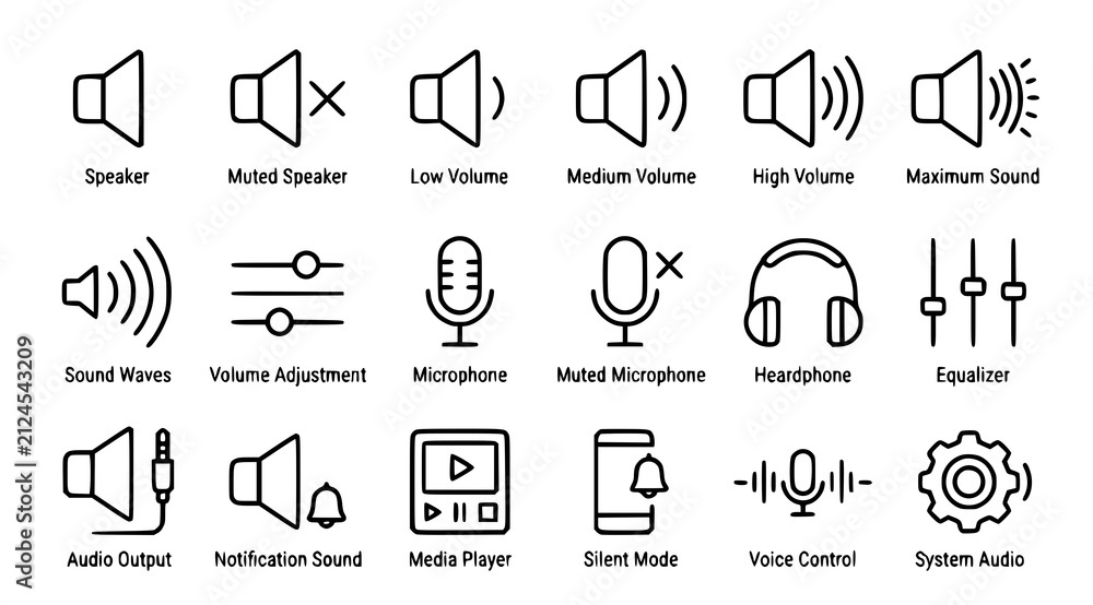 Fototapeta premium Sound volume and speaker icon collection with mute audio control editable black thin line vector illustration