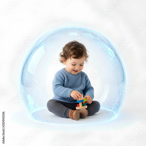Young Child Playing with Colorful Blocks Inside Bubble.