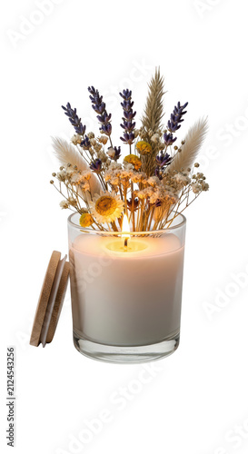 Candle with dried flowers on top.