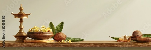 Brass oil lamp, coconut, and flowers on a wooden shelf, onam festival banner realistic banner