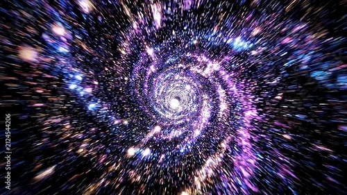 Cosmic spiral galaxy spinning through deep space creates intense light trails in this motion animation clip
