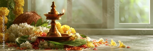 Traditional brass diya oil lamp with coconut and flowers for indian festival celebration, onam festival banner realistic banner