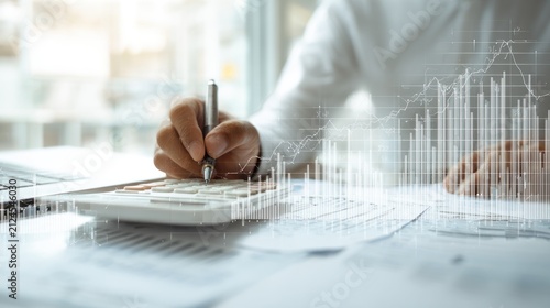 Person calculating with a calculator and financial graph