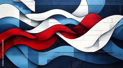Bold Abstract Geometric Landscape with Flowing Waves and Stripes in Red and Blue Colors