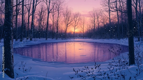 Enchanting Frozen Lake Surrounded by Snowy Forest at Sunset