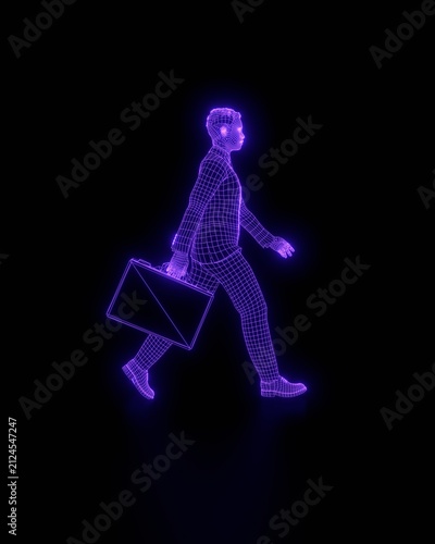 Wireframe model of a businessman in a suit, walking with a briefcase. Successful entrepreneur. Career growth, teamwork, business strategy and finance concept. 3D render