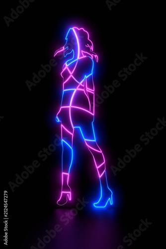 Animation of a beautiful fashion model posing. Young attractive woman outline silhouette. Neon shine.