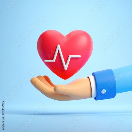 3D hand cradles red heart with pulsing line, signifying care