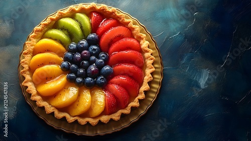 Colorful Fruit Tart with Assorted Berries and Citrus Slices on Wooden Surface
