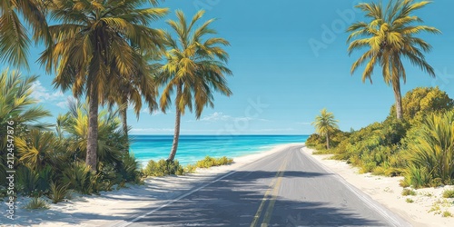 Road by the ocean with palm trees sunny day and turquoise water