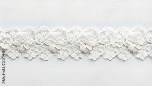 Horizontal white embroidered floral lace trim, isolated transparent background for romantic wedding invitation border digital scrapbooking clothing mockup craft project frame and elegant textile desig