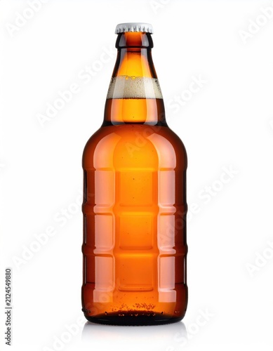 Amber glass bottle filled with liquid, capped, on white background