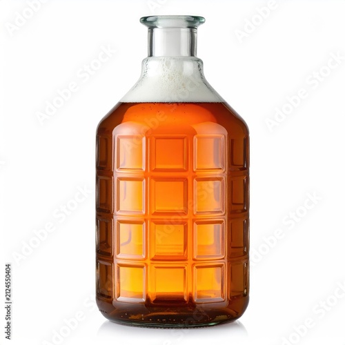 Large glass bottle filled with amber liquid and frothy head
