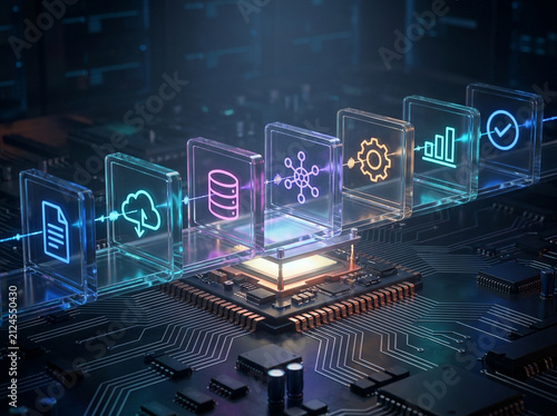 Digital transformation concept with abstract icons on circuit board