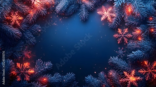 Festively Lit Sparkling Christmas Snowflakes and Evergreen Branches on a Vibrant Blue Background