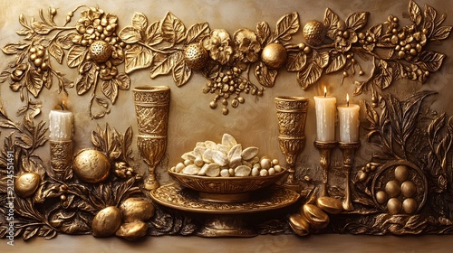 Ornate Golden Floral Arrangement with Candles and Metallic Accents