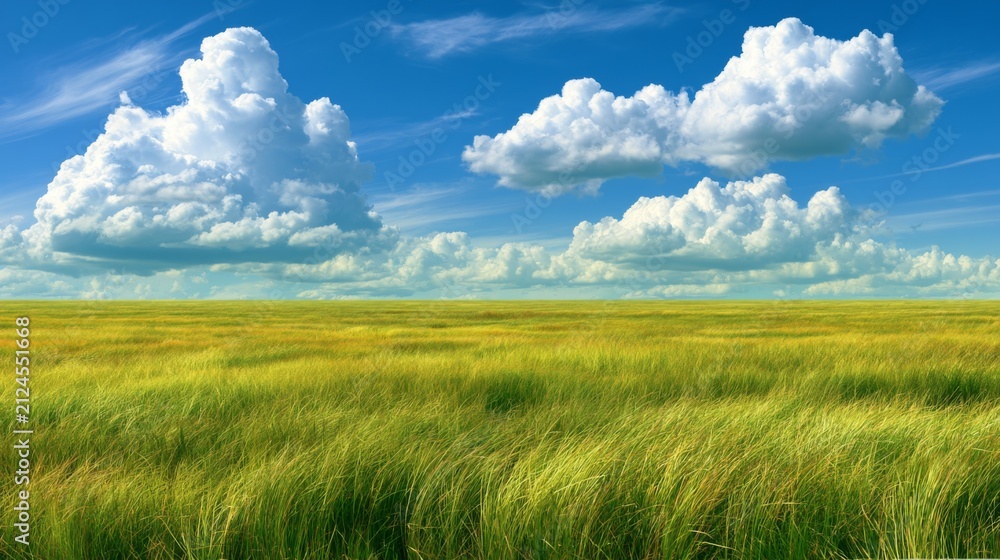 Obraz premium Expansive Green Field Under Blue Sky with Fluffy Clouds and Lush Grass Shimmering in Natural Light, Perfect for Nature and Landscape Themes