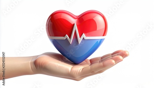 Red & blue heart with EKG line rests on open hand