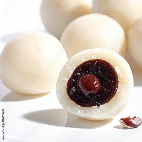 Close-up of delicate white spheres filled with dark red paste, one cut open