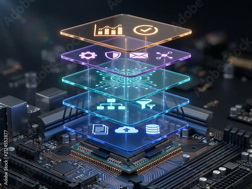 Digital data layers above computer motherboard with technology icons