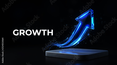 Glowing blue business growth arrow rising up from a digital platform on a dark background.