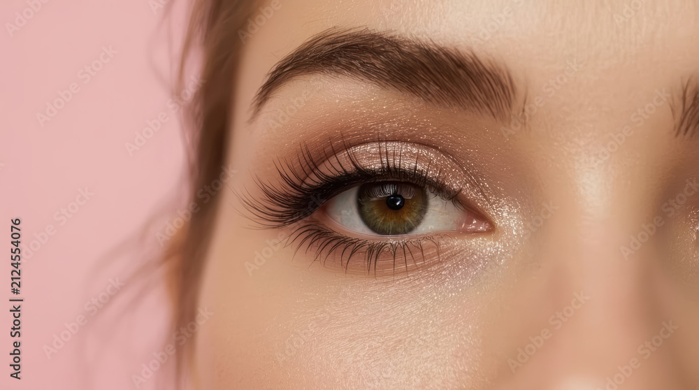 Fototapeta premium Sparkling eye makeup close up eyelash extension brown eye shimmery eyeshadow natural brow soft