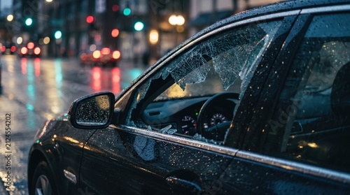 Broken driver side window of a black car parked on a rainy city street at night concept of car burglary and property crime.