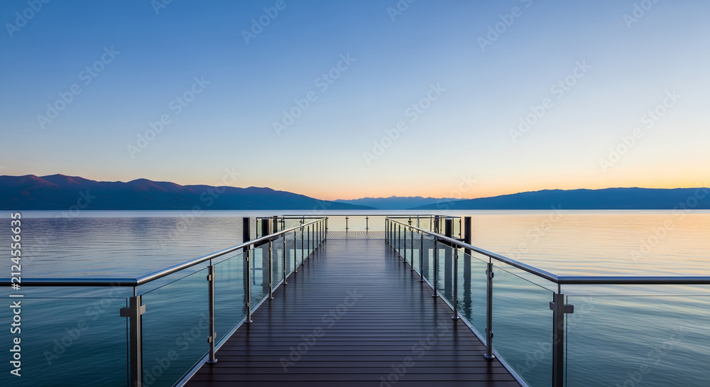 Obraz premium A modern wooden pier with glass railings extends into a calm lake at sunrise, with distant mountains under a clear sky.