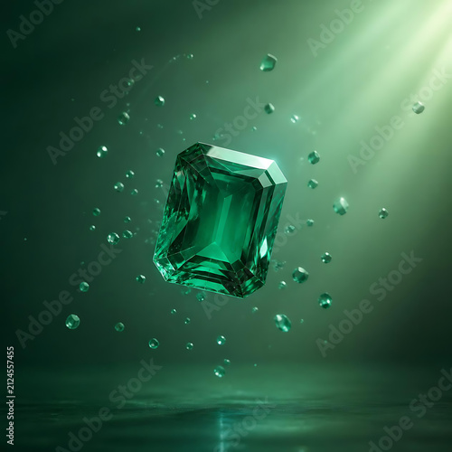 Floating emerald gemstone surrounded by tiny crystal particles and subtle light beams, clean minimal luxury background, spacious negative space