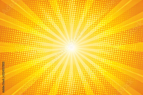 Vibrant comic sunburst background, yellow and orange pop art rays, halftone dot texture with radial sunbeam effect