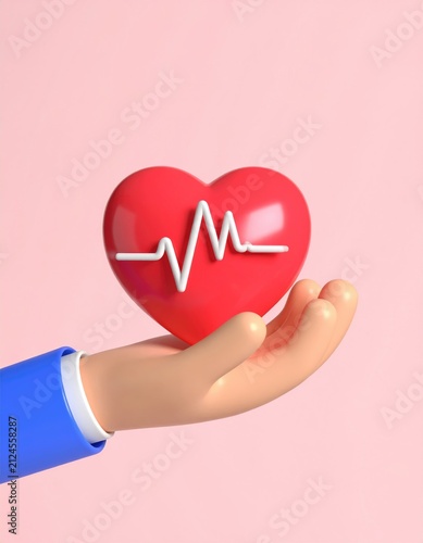 3D red heart with EKG line held by a cartoon hand