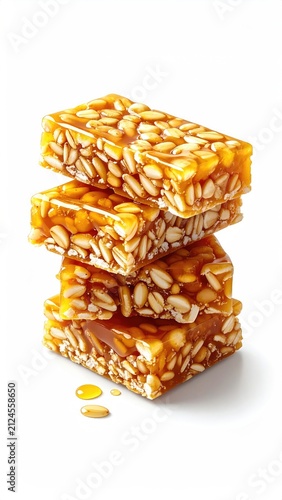 Stacked sesame bars glistening with golden syrup on a white surface